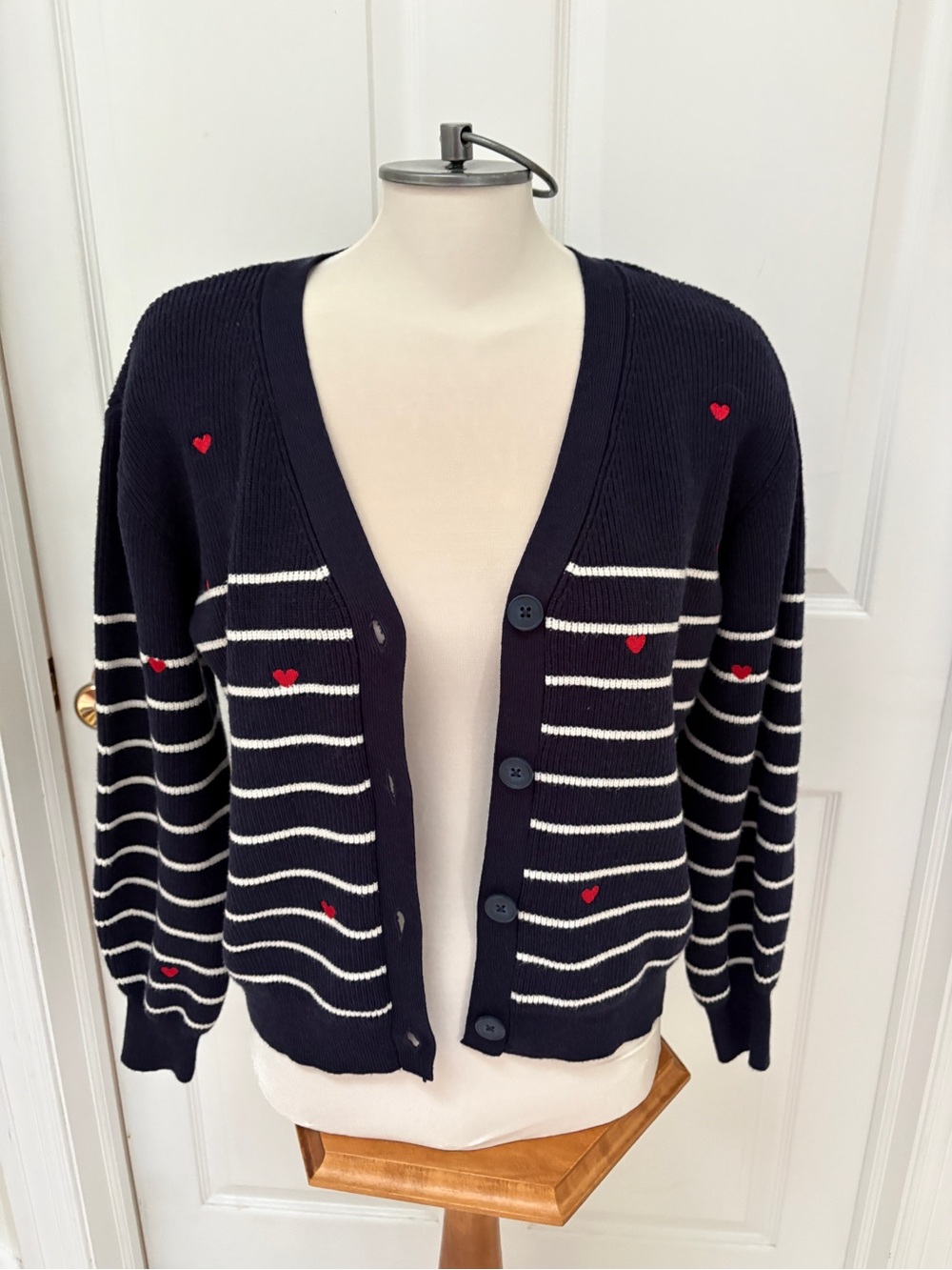Striped Navy Cardigan with Red Heart Accents ladies medium